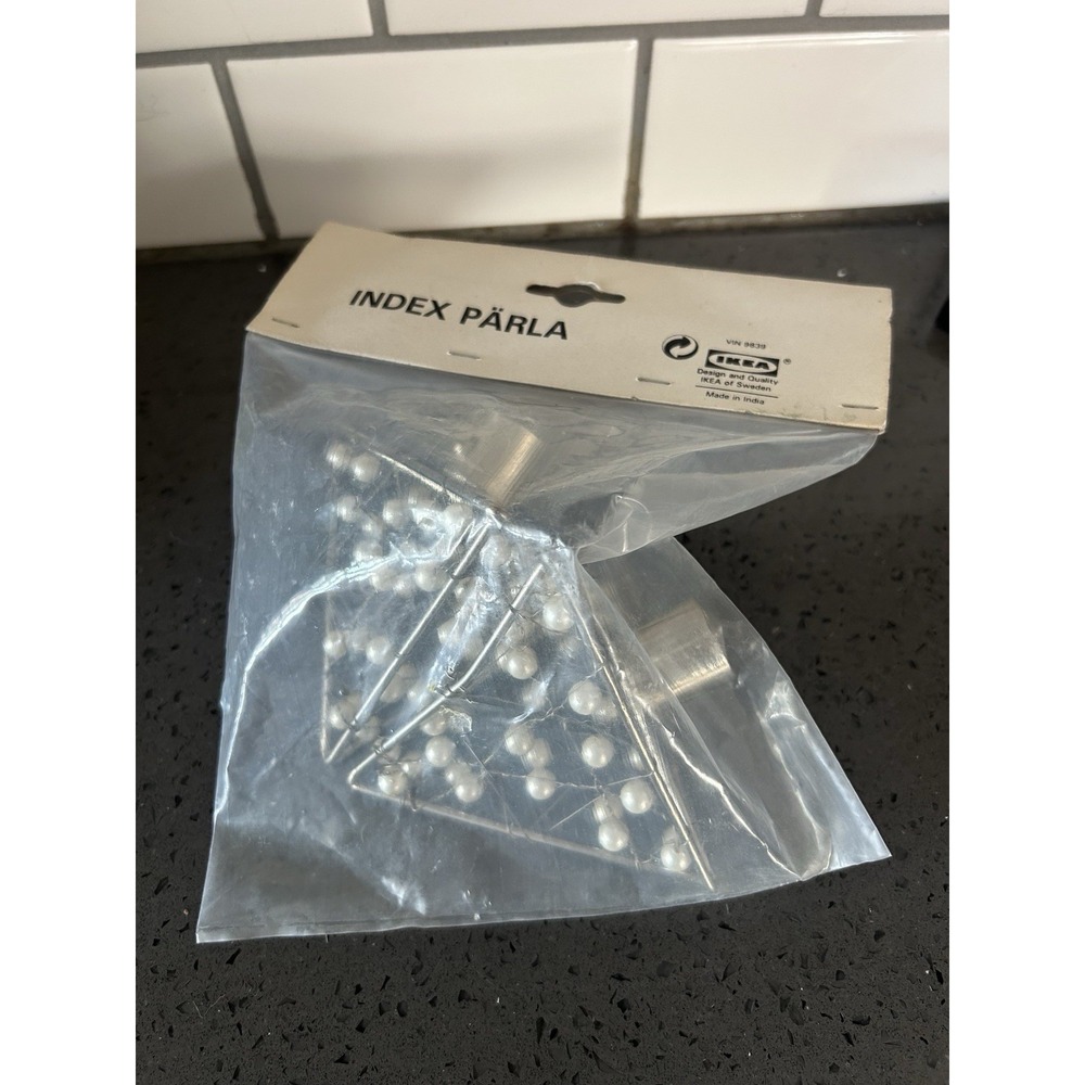 New IKEA Index Parla Curtain Rod‎ Ends Finial Pearls Silver Metal Triangle Pair